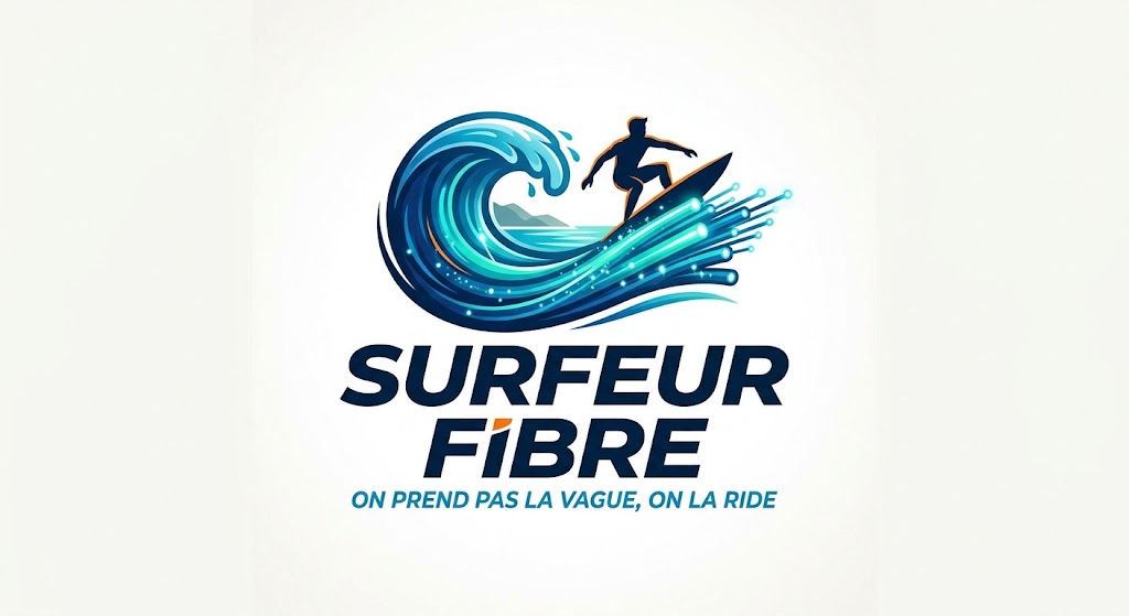 Logo Surfeur Fibre : un surfeur sur une vague qui se prolonge en faisceau de fibres optiques lumineuses, avec le slogan « On prend pas la vague, on la ride ».